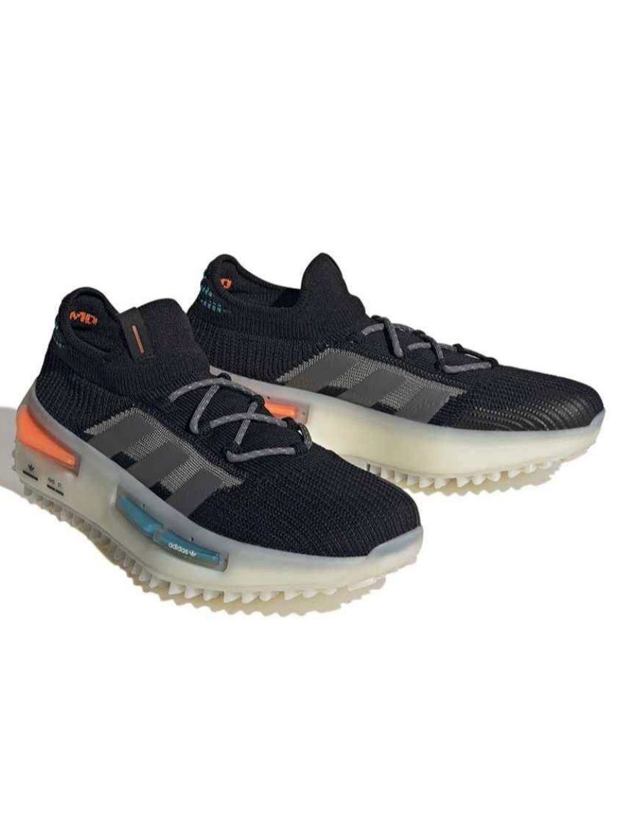 Adidas Nmd S1 Black Knit Sneakers With Gray Stripes And Translucent Sole.